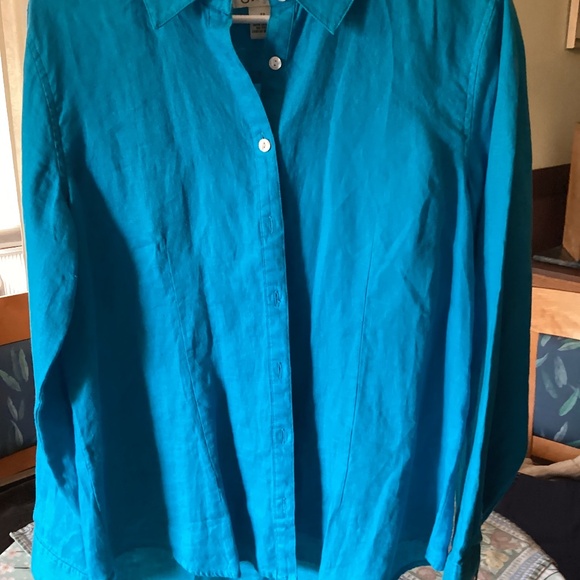 Orvis 100% linen shirt, size 12, peacock blue - Picture 2 of 3